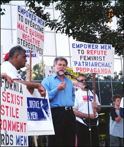 Warren Farrell speaking at a Los Angeles-based rally during his campaign for Governor of California in 2003. Warren declared at the outset that his purpose was not to win, but to put the need for children to be involved with both parents after divorce on the ballot–a purpose parallel to the efforts of the Green Party in Europe to call to public attention the need for environmental concerns.